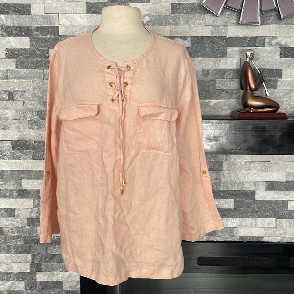 Ellen Tracy Linen Top Women's XXL  Tunic Pockets Roll Tab Sleeve